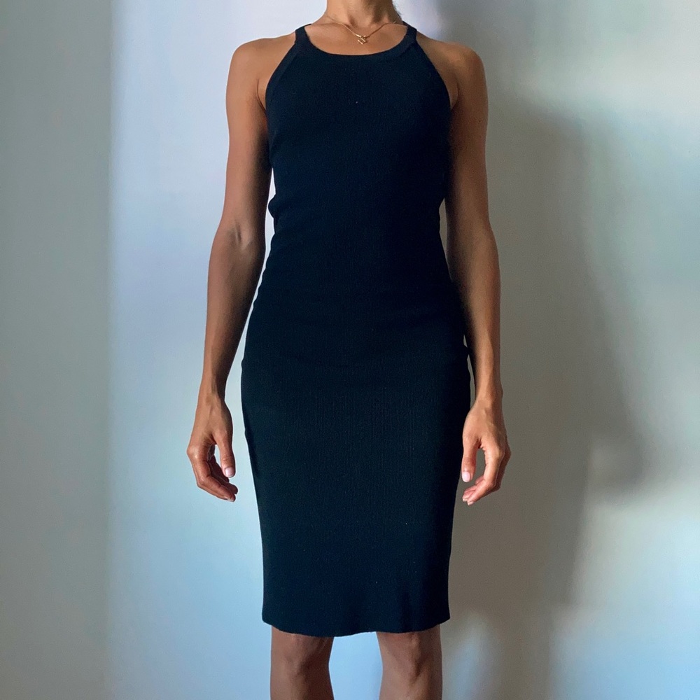 Backless Body Con Dress Black Ribbed Knit Fitted LBD Mini EUC NYE Cocktail GNO